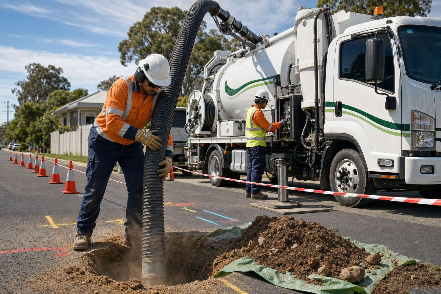 Rivercity Environmental crew operating the vacuum excavation hand-hose at a SEQ civil site